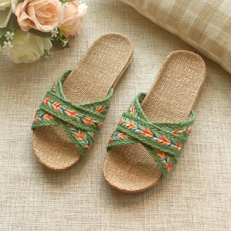 البوهيمي ريترو ستايل الكتان الشرائح الصيف بارد شبشب منزل النساء الصنادل المنزلية