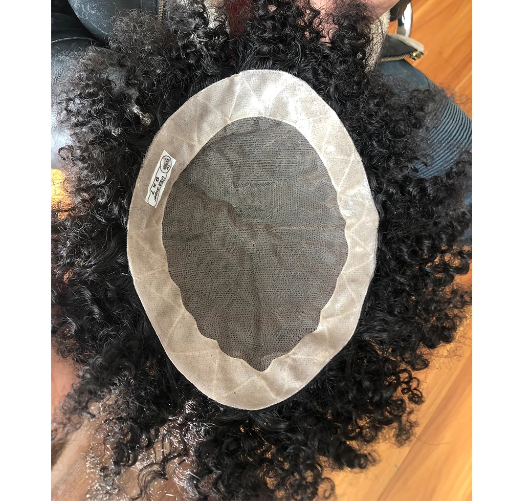 Kinky Curly Men\'s Toupee for African Amercian 100% Rem Human Hair Mono Lace PU Base Hairpiece Replacement Wig 10x8inch 1B Black