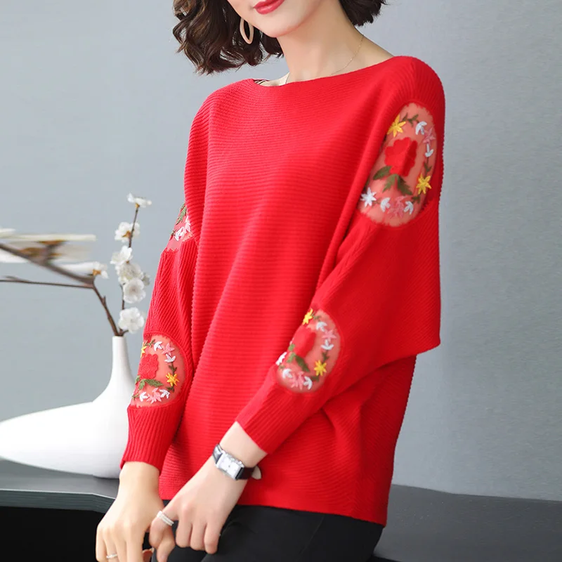 Flower Embroidery Batwing Sleeve O-Neck Spring Sweaters Women Casual Loose Knitted Pullovers  Large Size Knitwear Tops Female