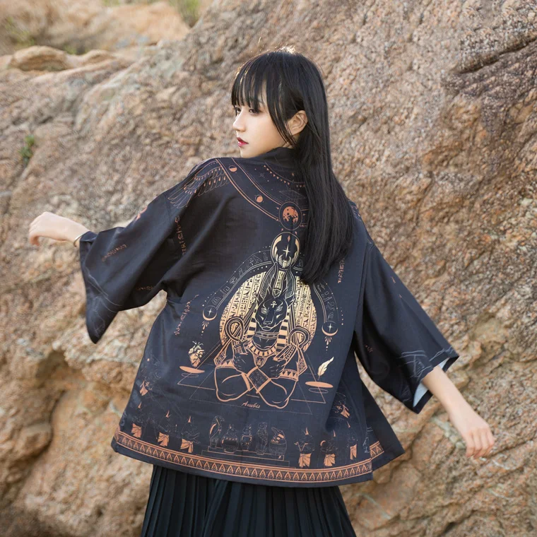 Japanese Loose Bathrobe for Cosplay, Anubis Egyptian, Black Color, Haori, Summer Sunscreen Kimono, mysterious Cosplay, DA043