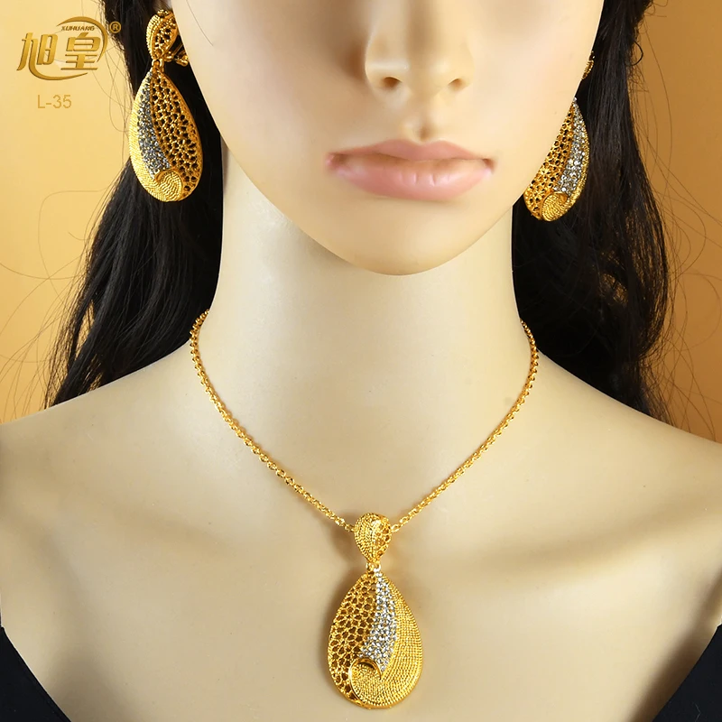 XUHUANG Dubai New Necklace Jewellery Sets Hollow Hanging Earrings Gold Color Big Dangle Earrings For Women Nigerian Jewelry Gift