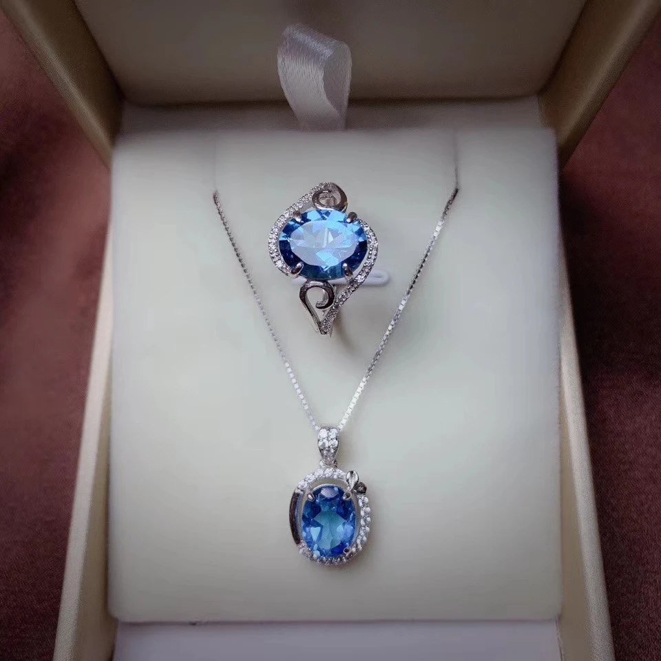 

classic ocean blue Topaz gemstone ring and necklace 925 silver jewelry set pure blue color natural gem birthstone couple gift