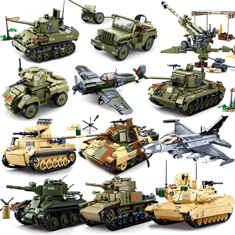 Airplane Plane Bomber Model Construction Toys Military Panzer Tank WW2 Aircraft Army Truck Armored Car Building Blocks For Kids