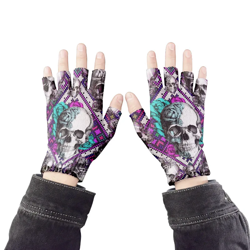 Guantes personalizados con estampado de calavera para hombre y mujer, protectores de manos de medio dedo para montar, a prueba de viento, sin dedos,