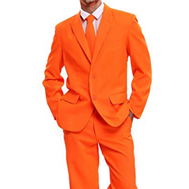 Orange Two Buttons Mens Party Suit Solid Color Leisure Suit for Holiday Party Two Pieces Suit Jacket with Tie & Pants