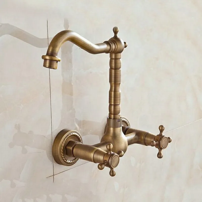 Cổ điển Retro Antique Brass Treo Tường Dual Cross Tay Cầm Xoay Bếp Phòng Tắm Chậu Basin Vòi Mixer Tap aan024