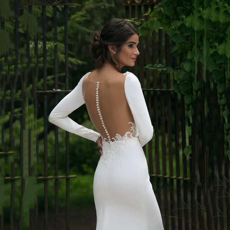 V Neck Floor Length Long Sleeve Mermaid Wedding Dress 2020 See Through Illusion Back White Bridal Gowns with Lace Appliques