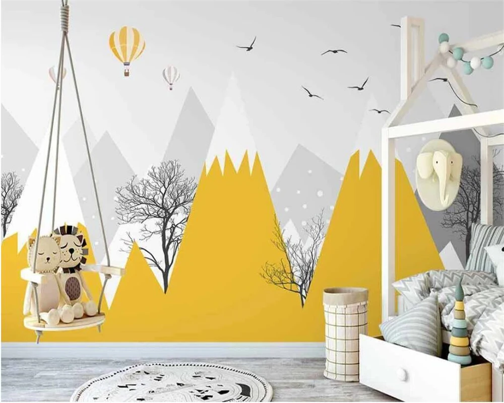 beibehang Custom Nordic hand-painted geometric mountain peak hot air balloon children's room background wallpaper papier peint
