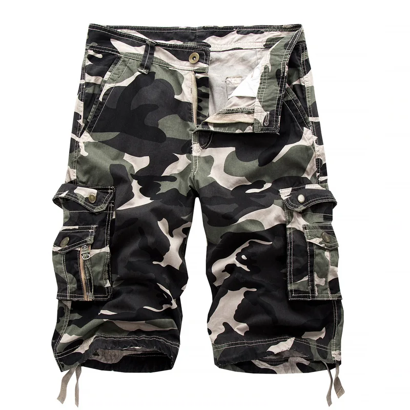 Summer Mens Camouflage Beach Shorts Multi Pocket Loose Straight Cargo Shorts Outdoor Hiking Climbing Leisure Sports  Shorts