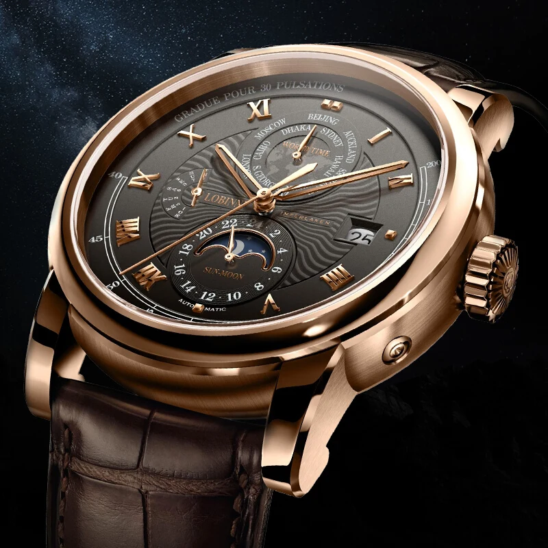 Reloj de pulsera suizo para hombre, relojes automáticos para hombre LOBINNI, relojes de pulsera mecánicos de lujo para hombre, reloj de zafiro resistente al agua