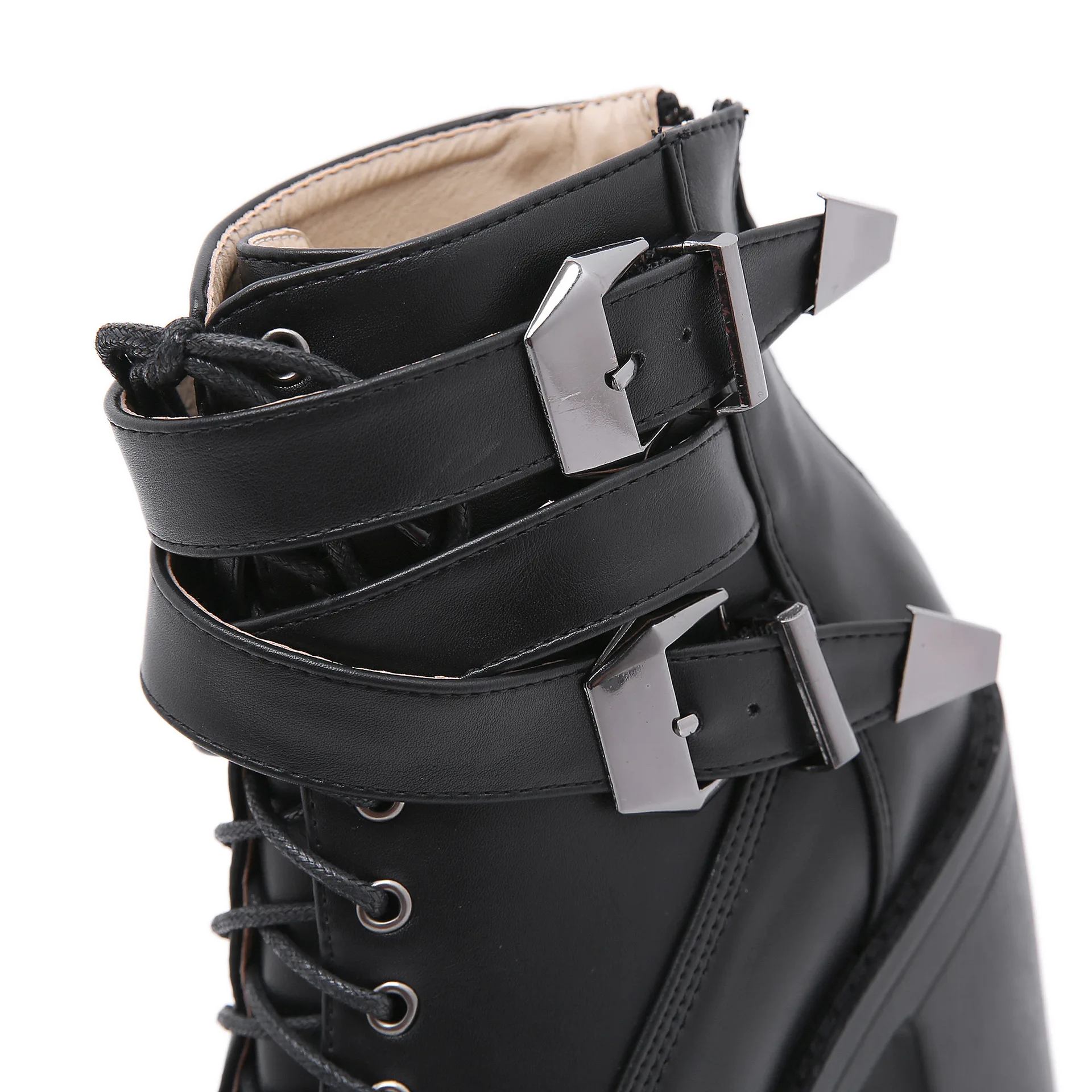 Sexy Spring Autumn Fashion Women Boots High Heels Platform Buckle Lace Up Leather Short Booties Black Ladies Shoes Large size image 4