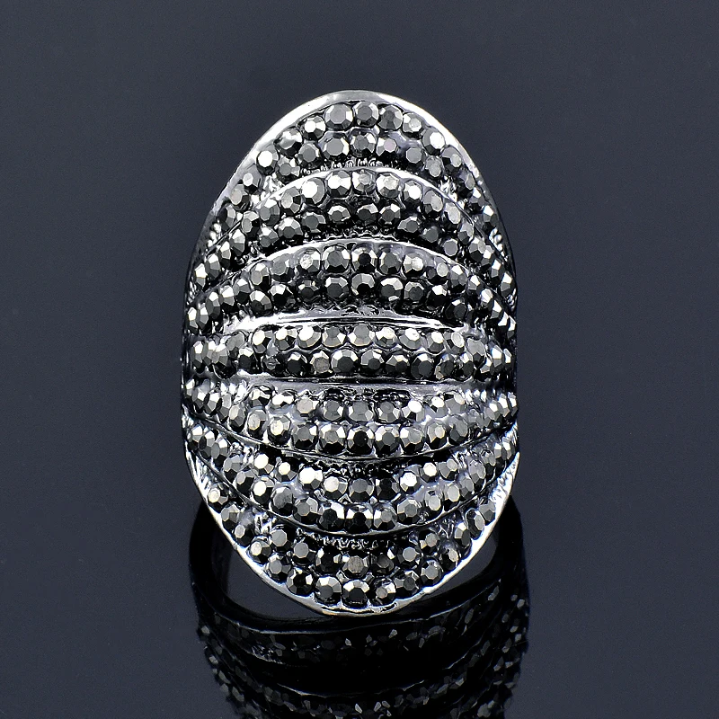 KIOOZOL Vintage Luxury Black Silver Color Mezzanine Crystal Ring Women Large Cocktail Ring Jewelry Accessories180 KO4