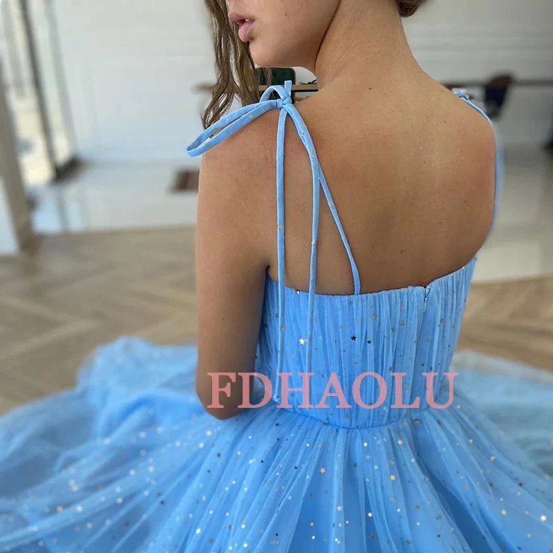 Fdraolu FU130 vestido de fiesta de princesa azul, vestido de tul estrellado brillante sin tirantes, vestido de graduación corto plisado, vestido de fiesta Formal de línea a