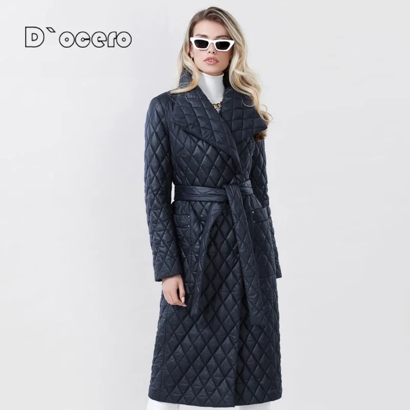 

D`OCERO 2022 Women's Winter Down Jacket Fashion Long Classic Plaid Parka High Quality Outerwear Brand Padded Quilted Coat