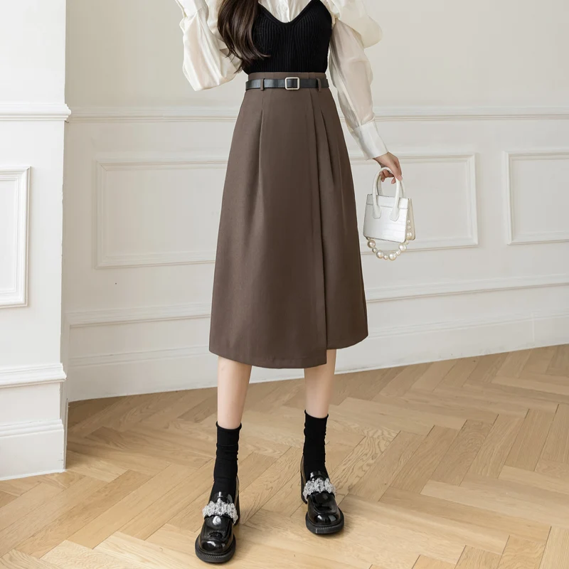 REALEFT 2021 New Autumn Women A-line Skirts With Belt Vintage High Waist Office Ladies Casual Solid Color Midi Skirts Female