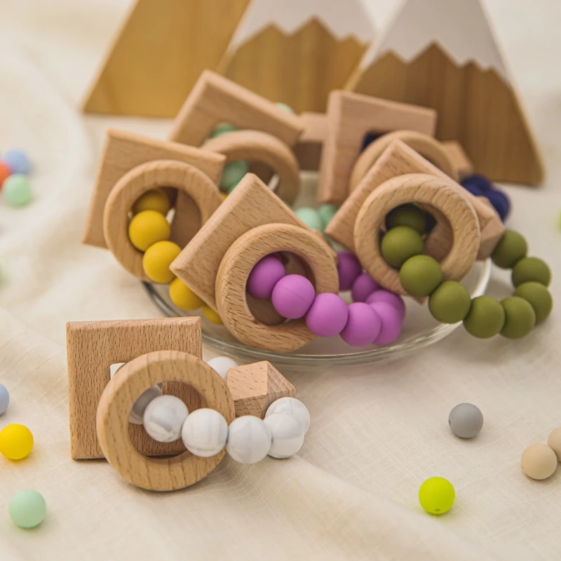 1PC Baby Toys Geometric Circle Wooden Nursing Bracelets Silicone Beads Teethers Baby Rattle Stroller Accessories Toys Gift