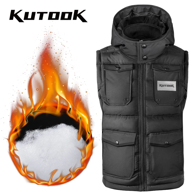 KUTOOK Down Cotton Hiking Vest with Pockets Men Winter Casual Thermal Waistcoat Outdoor Sport Climbing Cycling Fishing Clothes