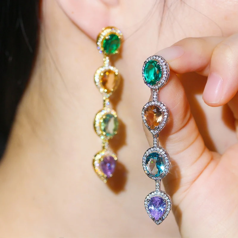 CWWZircons Green Blue Cubic Zircon Crystal Dangling Long Water Drop Ear Line Earrings Trendy Ladies Boho Party Jewelry CZ728