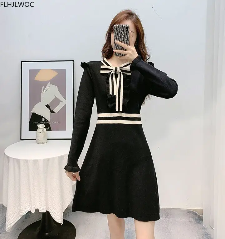 2021 Hot Sales Womens Cute Feminine Vestidos Striped Ruffled Bow Tie Black Knitted Mini Sweater Dress D0640