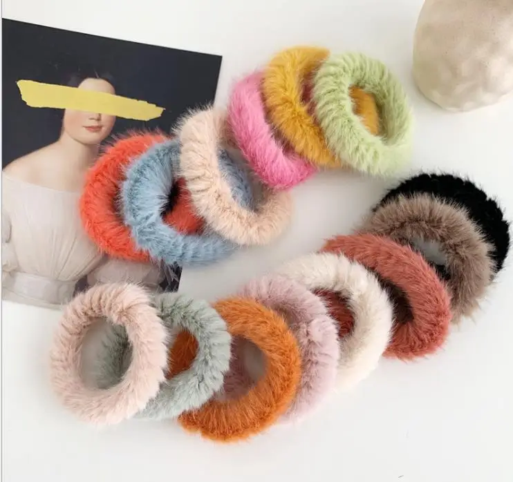 Hot Faux Fur Pom Poms Hair Scrunchies Elastic Hair Bands Solid Artificial Rabbit Hair Ties Girls Hair Accessories