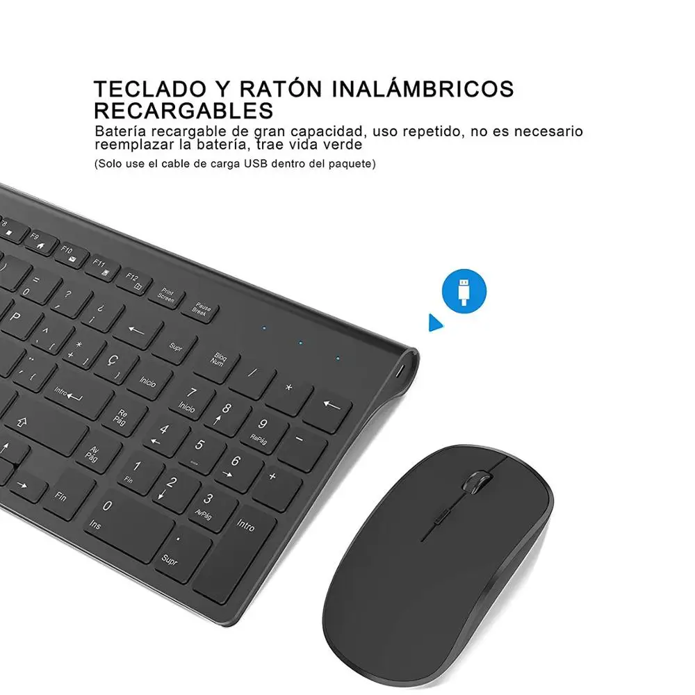 2.4G Wireless Charging Keyboard and Mouse, 10 Meters Stable Connection, Ergonomic Design, Spanish Layout, PC/Computer/Notebook.