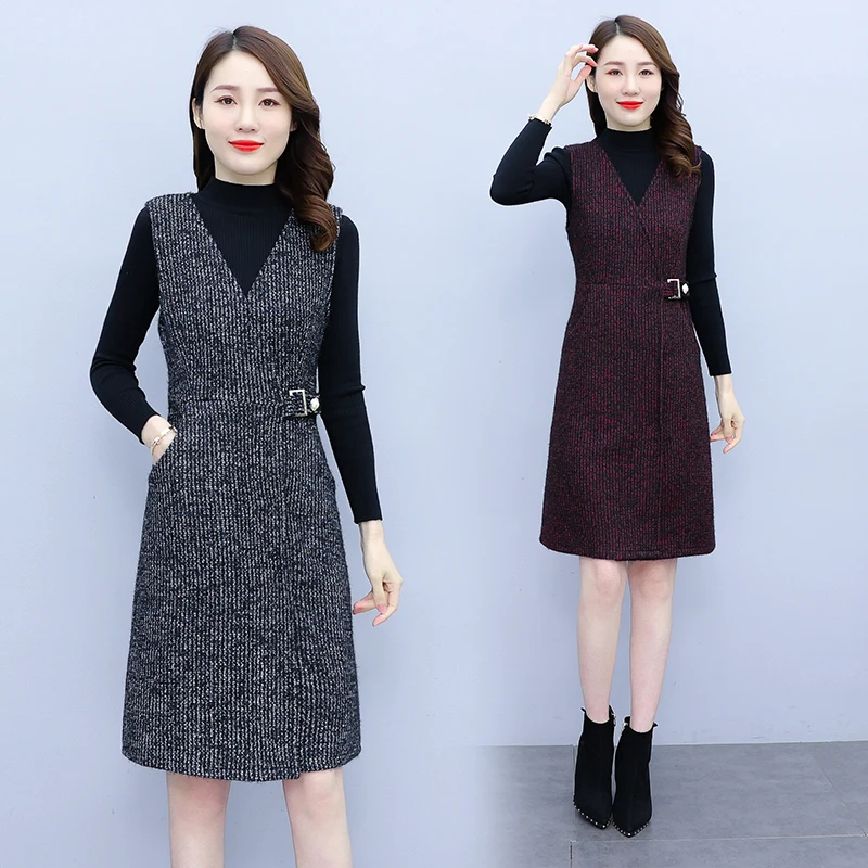 Autumn Winter Black Sweater Vest Dress Sets Women Thick Warm Midi Dress Two-piece Suit 2024 Elegan Bodycon Vintage Party Vestido