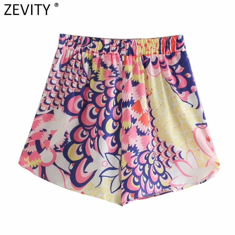 Zevity New Women Vintage Contrast Color Patchwork Print Summer Hot Skirts Shorts Femme Chic Elastic Waist Pantalone Cortos P1143