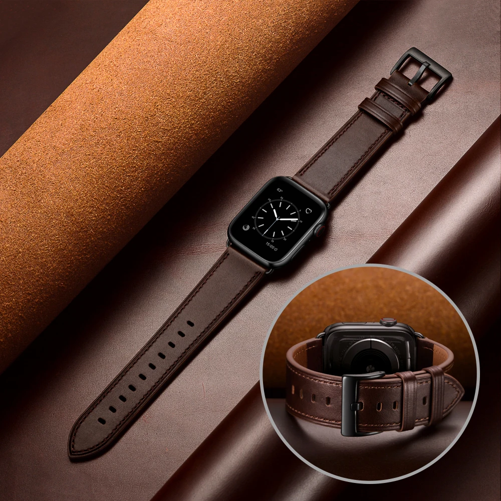 VIOTOO Genuine Leather Band Replacement Strap For Apple Watch Series 6/5/4/3/2/1/SE 44mm 42mm,Dark Brown Band with Black Adapter