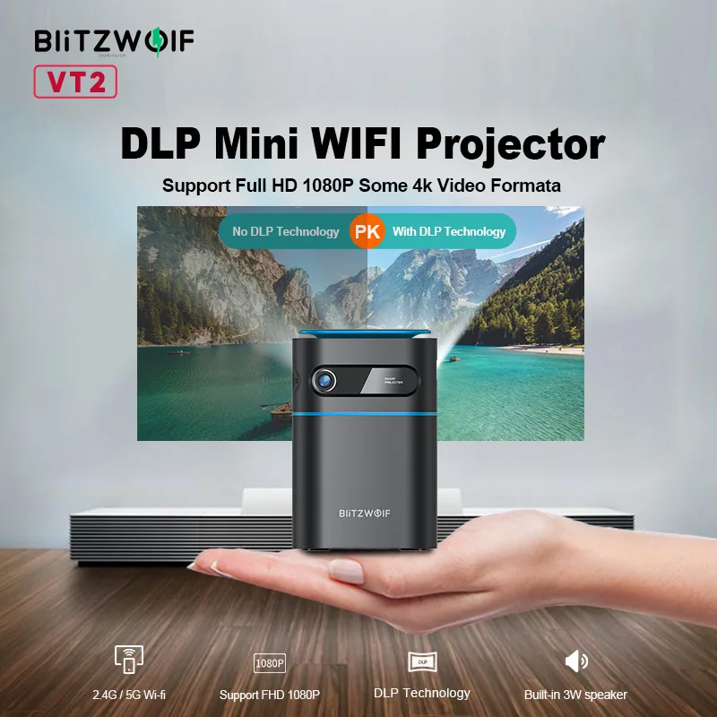 BlitzWolf BW-VT2 DLP Mini proiettore WIFI 1080P 2.4G / 5G WIFI proiezione Wireless Hand Cinema Movie 4K Video Mini proiettore Led