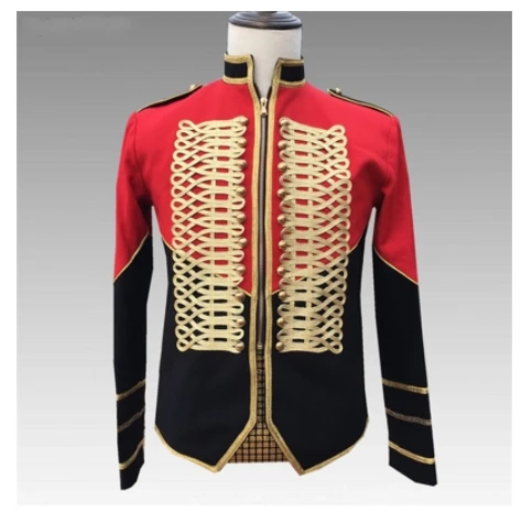 2020 New Men's Court Jackets Trendy Epaulet Black-red Stitching Military Uniform Coat Male Singer Host Nightclub Concert Costume