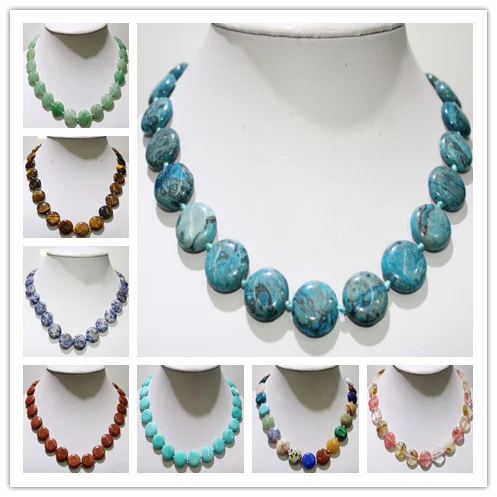 Natural Stone Necklace Crystal Agates Malachite Tiger Eye Round Shape Beads for Women Jewelry Necklace Vintage Style 18 Inches