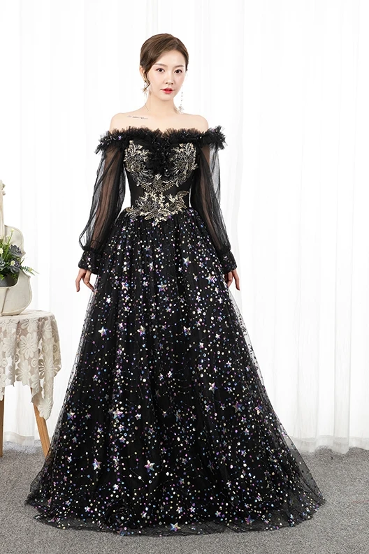 freeship long sleeve star sequined slash ruffled court ball gown royal Medieval Renaissance Victorian dress Belle ball