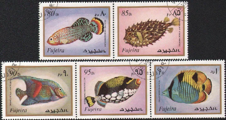 5Pcs/Set Fujaira Post Stamps 1972 Marine Ornamental Fish  Marked Postage Stamps for Collecting