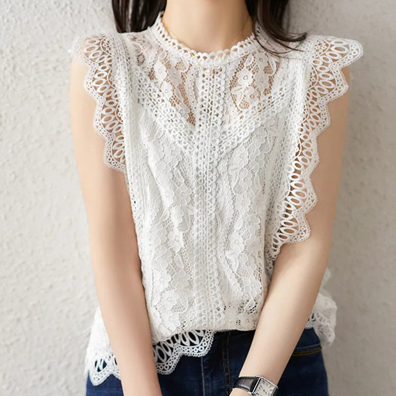 MUMUZI White Blouse Women Casual basic sleeveless lace Tops black Hollow out womens tops and blouses Ruffles Shirt Female