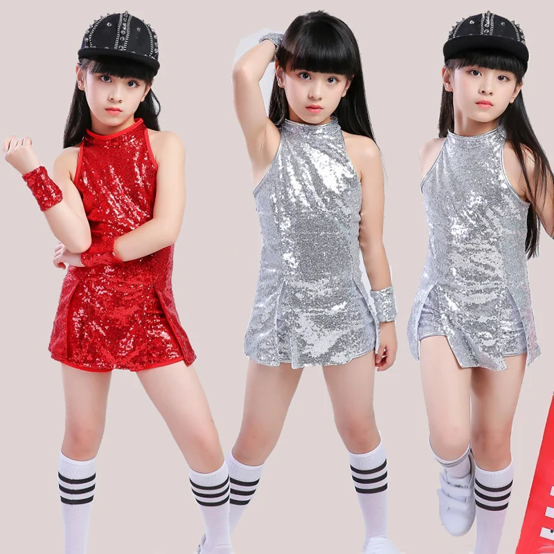 Kids Hip Hop Dans Kostuum Meisjes Jazz Kostuums Street Dance Kleding Cheerleading Sequin Outfit Vest Shorts Podium Jurk