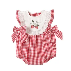Summer Infant Girl Romper Baby Plaid Rompers Cherry Embroidery Jumpsuit Newborn 1st Birthday Baptism Boutique Clothing