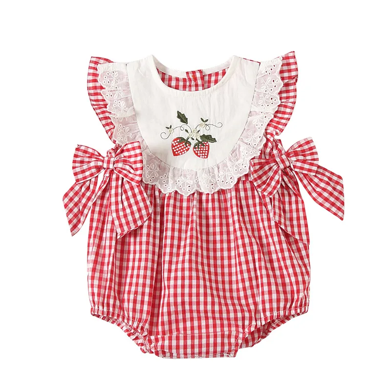 2024 Summer Infant Girl Romper Baby Plaid Rompers Cherry Embroidery Jumpsuit Newborn 1st Birthday Baptism Boutique Clothing