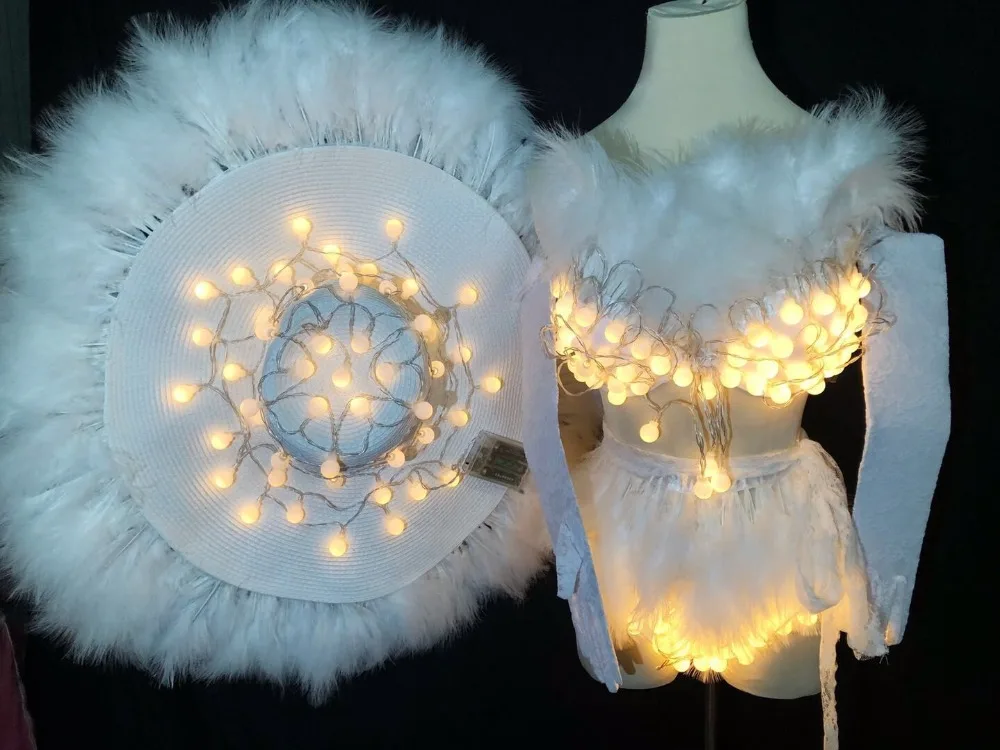 

feather led lumious White stage costume Singer dancer women gogo show party wear