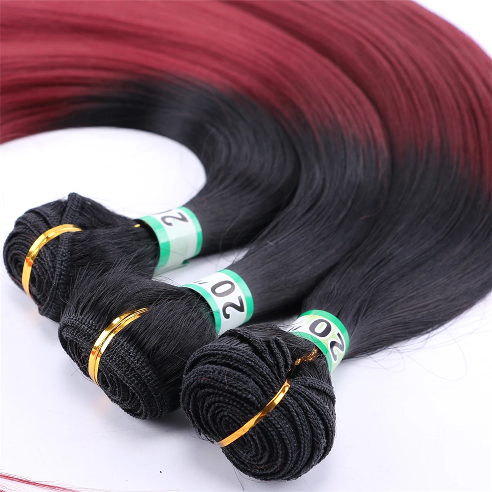 Ombre Burgundy Synthetic Hair Weave Straight Hair Bundles High Temperature Synthetic Hair Extensions For Black Women