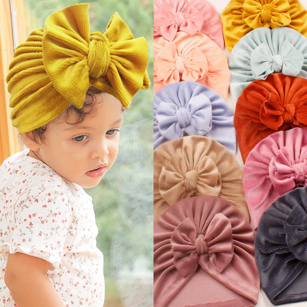 12pc/lot Baby Velvet Turban Infant Knot Bow Hats Girls Corduroy Hat Kids Girls Bonnet Newborn Bowknot Beanie Caps Head Wraps