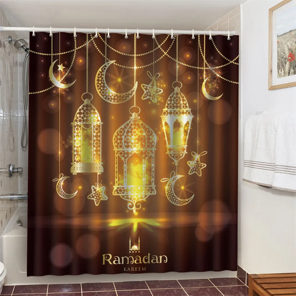 180*200cm Muslim Shower Curtain Waterproof Polyester Fabric Bath Screens Curtain with Hooks Ramadan Festival Home Decor шторы