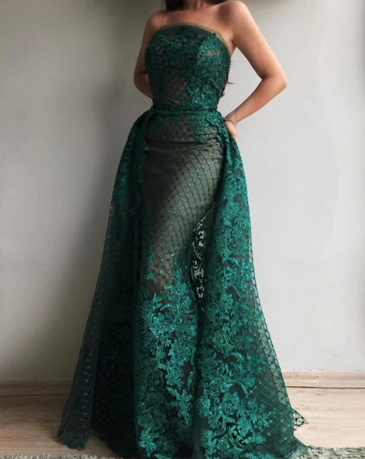 

Green Moroccan Evening Dresses A-line Strapless Tulle Appliques Beaded Long Turkey Dubai Saudi Arabia Prom Dress Gown