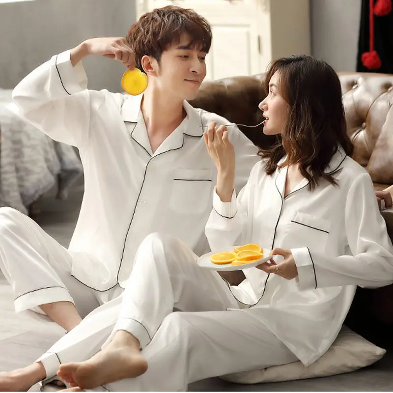 Solid Color Sleepwear Silk Satin Pajamas couple Set Long Button-Down Pyjamas Suit Pijama Women Men Loungewear Plus Size Pj Set