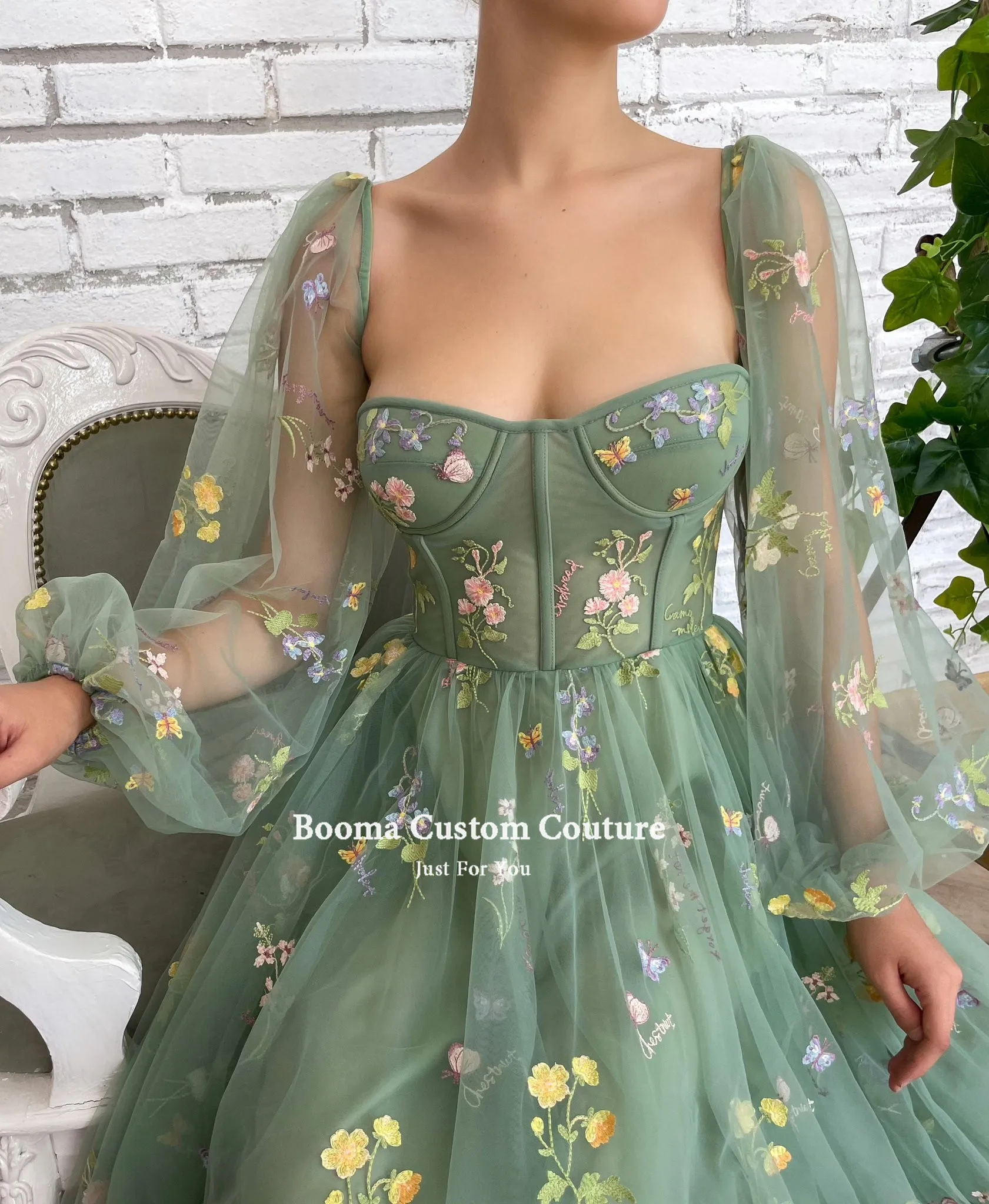 Booma Green Embroidery Lace Prom Dresses Long Sleeves Ankle-Length A-Line Wedding Party Gowns Open Back Tulle Formal Dresses