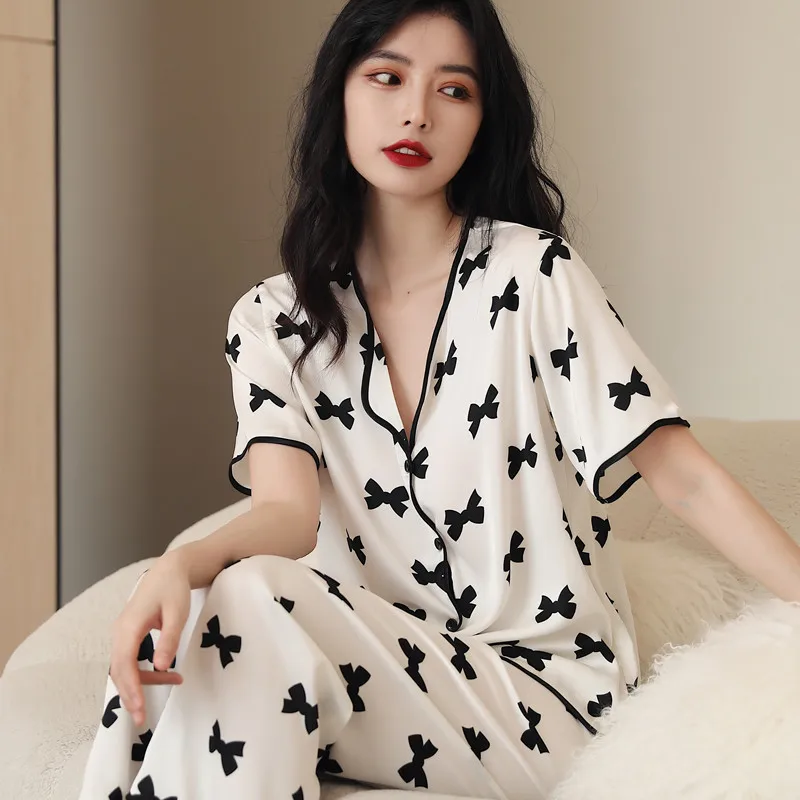 Long Sleeve Silk Pajamas for Womens Set Sexy V-Neck Bow Print Sleepwear Two Piece Suit Spring Nightdress Female Nightwear