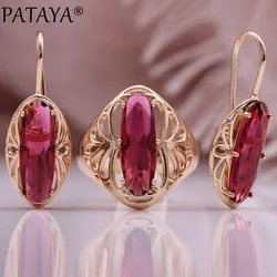 PATAYA New Long Oval Red Natural Zircon Drop Earrings Ring Sets 585 Rose Gold Color Women Fashion Jewelry Sets Hollow Earrings