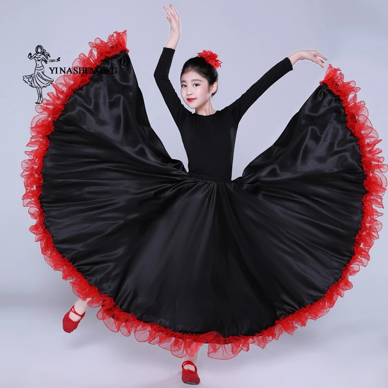 Satin Solid Spanish Flamenco Skirt Lace Up Female Belly Dance Costumes 360-720 Degree Girls Kids Ballroom Mother Daughter Dress