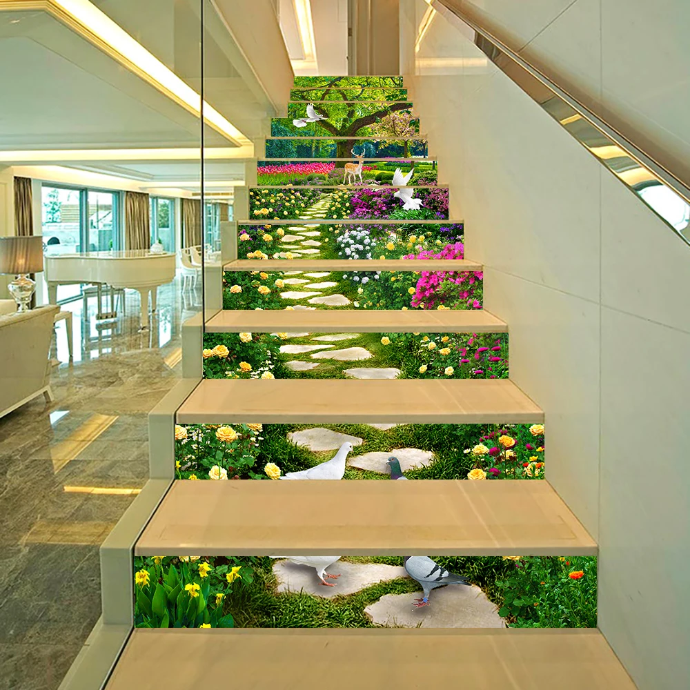 Fairy Tale Forest Deer White Dove Stairs Sticker For House Decoration Staircase Renovation PVC Wall Sticker Peel & Stick Mural