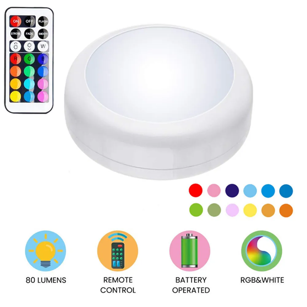 RGB LED Puck Nachtlichter Fernbedienung Dimmbare Unterbauleuchte Batteriebetriebene Kabellose Drucklampe Küche Schrank – Detail 12