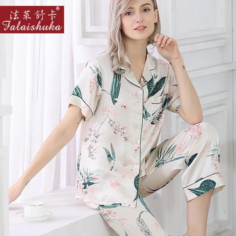 

New Fresh 100% genuine silk Flowers pajamas sets women sleepwear Korean sexy Elegant fashion pure silk womens pyjamas T8247